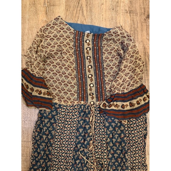 Taruni Boho Mixed Print Maxi Dress Size L Blue Floral Tiered Bell Sleeve Sequin - Picture 6 of 8
